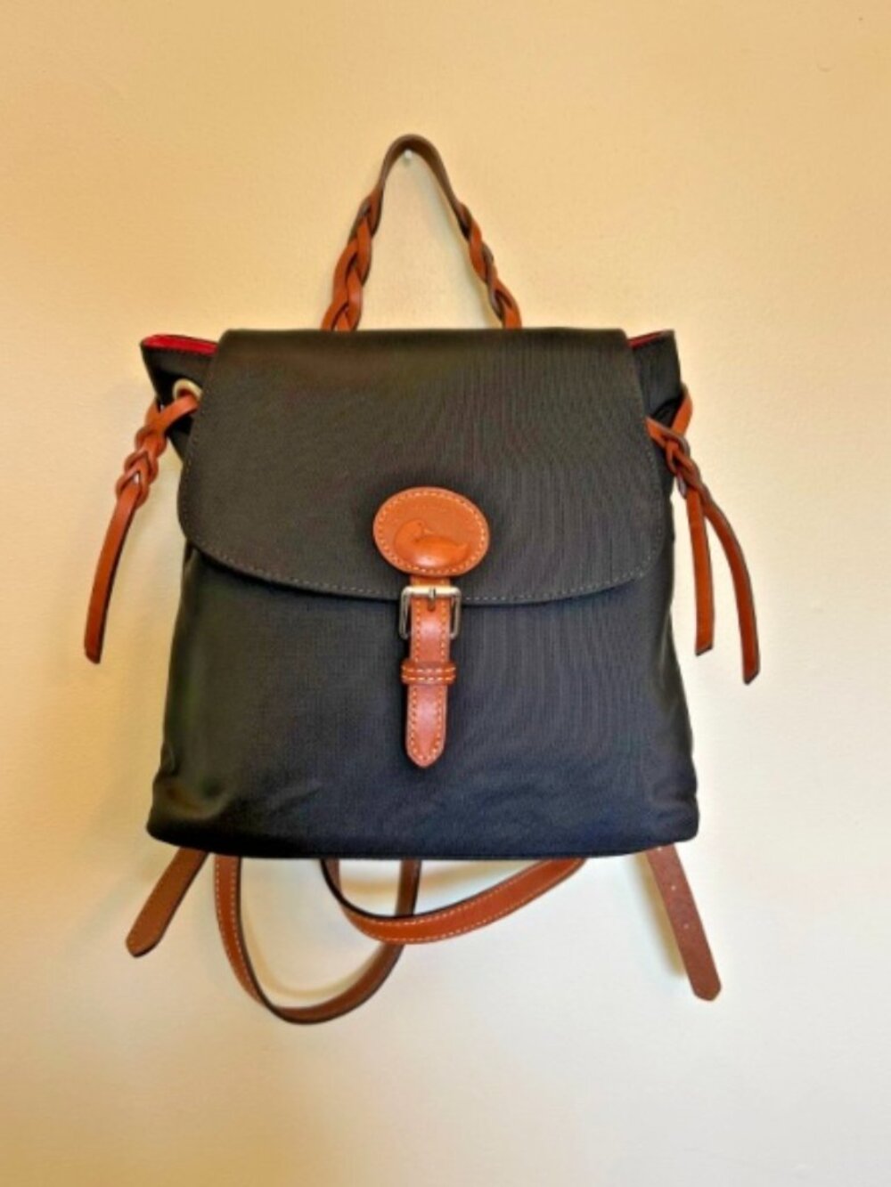 Dooney & Bourke Nylon Flap Backpack Bag Black-Red Interior Medium Size